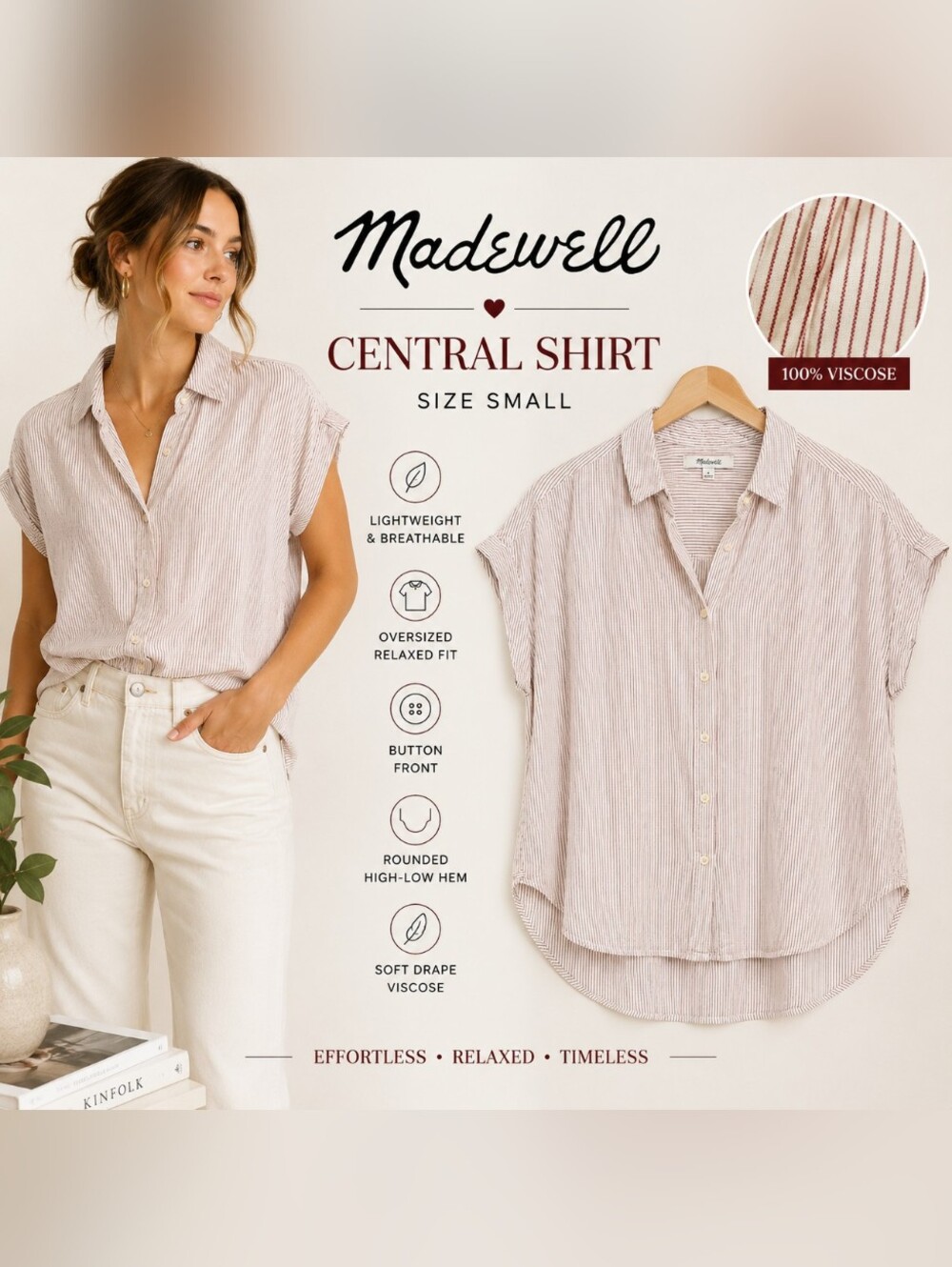 Madewell Shirt Oversized Burgundy Stripe Button Front Top S